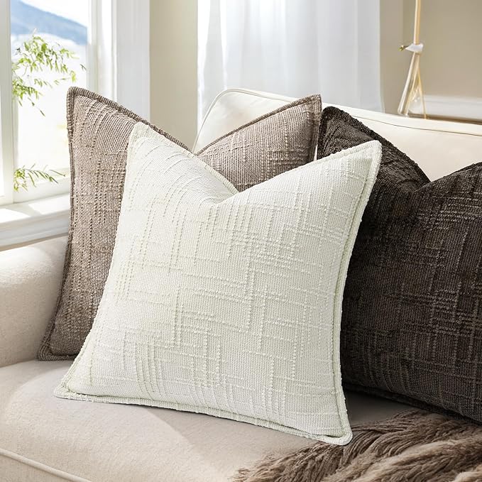 decorUhome Chenille Spring Throw Pillow Covers 20x20 Set of 2, Thick Textured Slubby Neutral Decorative Pillow Covers with Elegant Design for Couch, Sofa, Living Room, Cream White