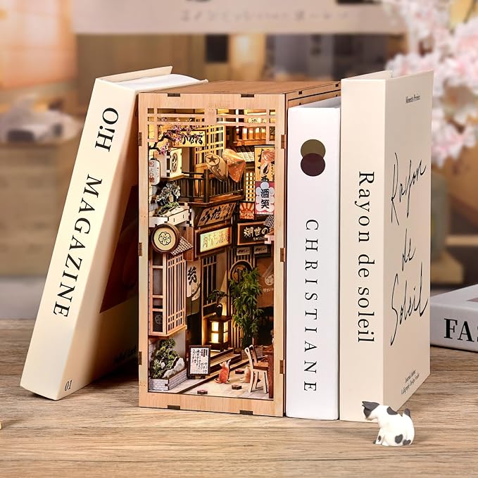 DIY Book Nook Kit - Japanese DIY Miniature House Kit for Adults,Dollhouse Kit 3D Wooden Puzzle Bookend Diorama Insert Decor,Gifts for Family Friends (The Alley Waiting for The Cat)