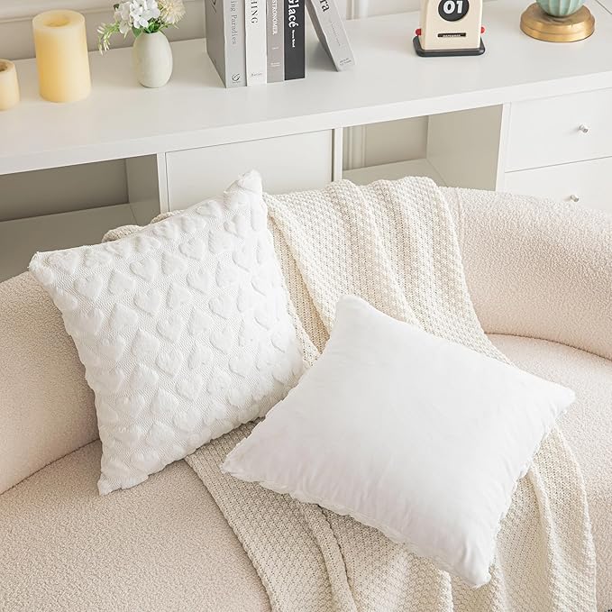 AQOTHES Set of 2 Heart Love Cute White Decorative Valentines Throw Pillow Covers 20x20, Soft Plush Faux Fur Pillow Covers for Couch Sofa Home Valentines Day Decoration