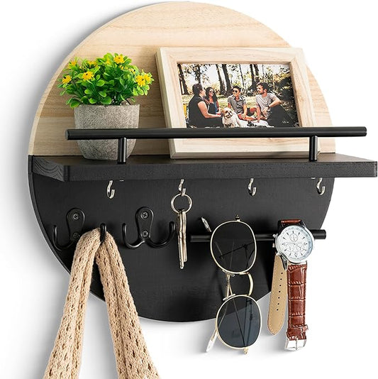 Key Holder for Wall Decorative with Shelf and Hooks, Mail Organizer Wall Mount with Sunglasses Holder, Circular Design Entryway Key Rack Hanger, Rustic Home Decor