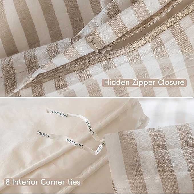 MooMee Striped Duvet Cover Set 100% Washed Cotton Linen Like Textured Breathable Durable Soft Comfy (Tannish Linen Grey White Classic Stripes, Super King 108"x98")