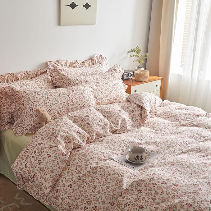Girls Pink Floral Duvet Cover Full Size Cute Pink Red Flower Duvet Cover 100% Cotton Aesthetic Floral Bedding Set Botanical Flower Cottagecore Comforter Cover with Ruffle Pillowcases for Teen Girls