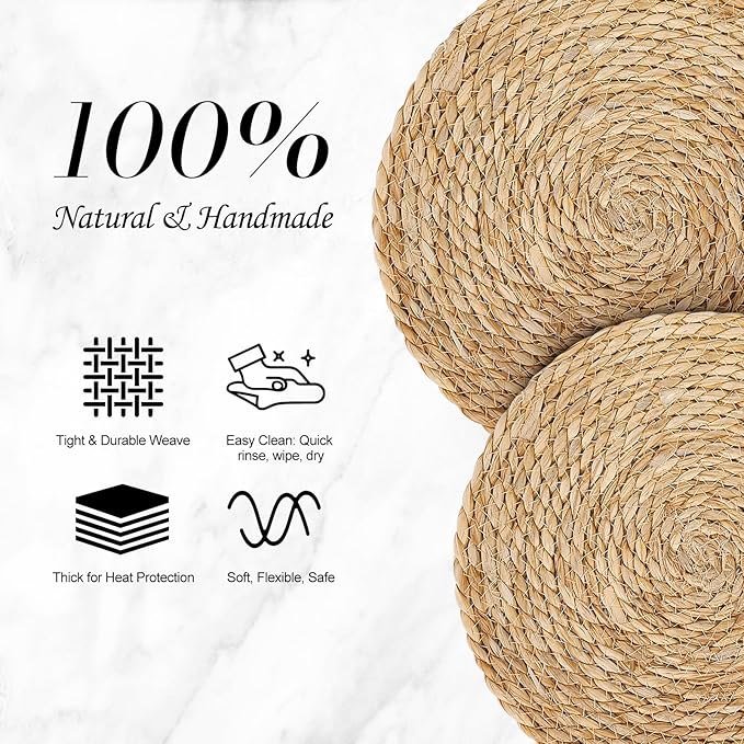Boho Placemats Set of 16-8pcs 11.8 in Round Woven Rattan Place Mats & 8pcs 11.8” x 17” Cotton Braided Placemat for Dining Table Decor, Rustic Farmhouse Wicker Dinner Charger Plates Heat Resistant