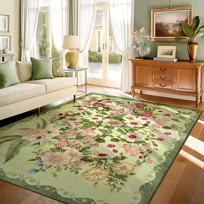AREAMAY Floral Washable 5x7 Area Rugs - Living Room Rug Non Slip Low Pile Stain Resistant Carpets Indoor Vintage Flower Print Rug for Bedroom Dining Room Kitchen Home Office Green