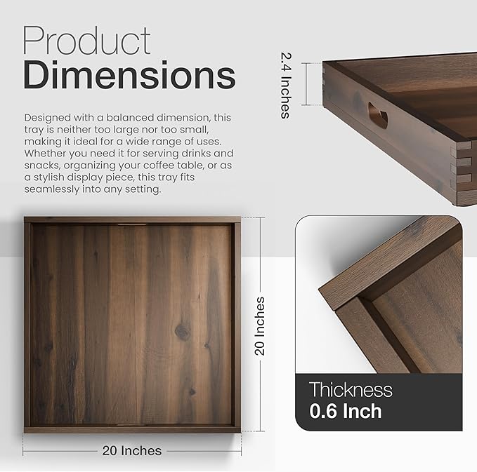 20 Inch Acacia Wood Square Ottoman Tray - Wooden Square Serving Tray with Handles - Extra Large Food Serving Trays for Decorative, Coffee Table, Breakfast in Beds (Walnut Color)
