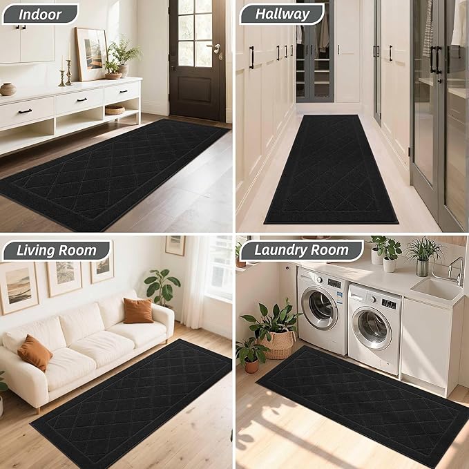 BEQHAUSE Dirt Trapper Door Mat 32" x 72", Doormat Non-Slip Entryway Rugs Washable, Dog Door Mat Stain Resistant and Absorbent Welcome Floor Mat for Front Back Door, Mud Wet Shoes & Paws, Black