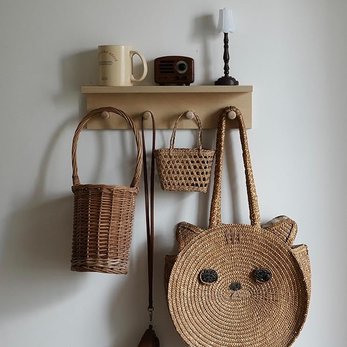 Entrance Coat Rack ，Coat Hooks, Wall-Mounted Wooden Hook Rack, Wall-Mounted Shelves are Very Suitable (Birch Colored Finish)