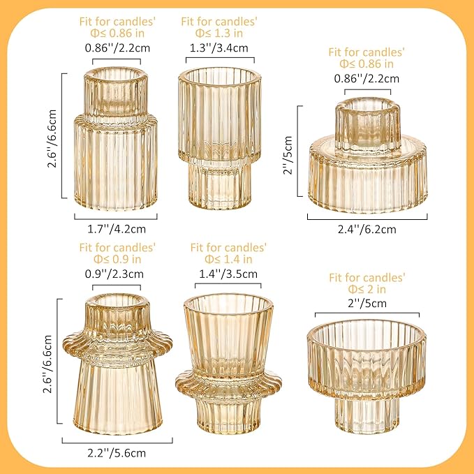 Vintage Ribbed Amber Glass Candle Holders Set of 12, 3 Assorted Sizes for Pillar, Tealight & Votive Holders, Elegant Glass Candlestick Holders for Table Centerpiece Wedding Christmas Decor