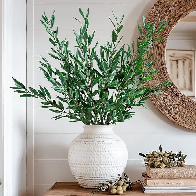8PCS Premium Artificial Olive Branches for Vases - Realistic PU & Silk Faux Greenery Stems, 3 Sizes, Bendable Wire Stems, Low Maintenance Home/Office/Holiday Decor(No Vase