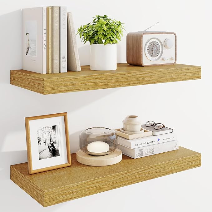 Marsmiles 24" Floating Shelves for Wall, Wooden Shelves with Invisible Brackets Set of 2, Rustic Farmhouse Wall Mounted Shelf for Kitchen Bathroom Living Room Study, Natural Oak