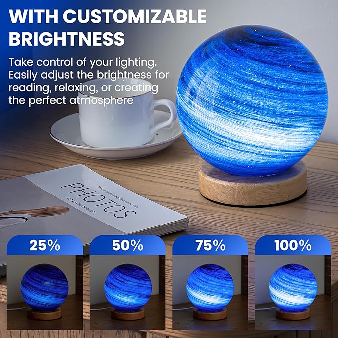 New Model Neptune Blue Planet Night Light Glass Bedside with Wooden Base 3 Modes - Dimmable Swirl Planet Table Lamp for Bedroom Nightstand, Desk Lamp for Living Room, Office, Kids Room
