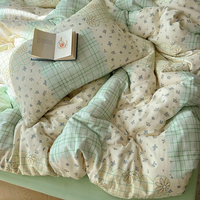 LifeTB Muslin Duvet Cover Queen Size 100% Cotton Botanical Floral Comforter Cover Aesthetic Flower Chic Plaid Desgin Cottagecore Bedding Set Breathable Soft Gauze Duvet Cover with 2 Pillowcases