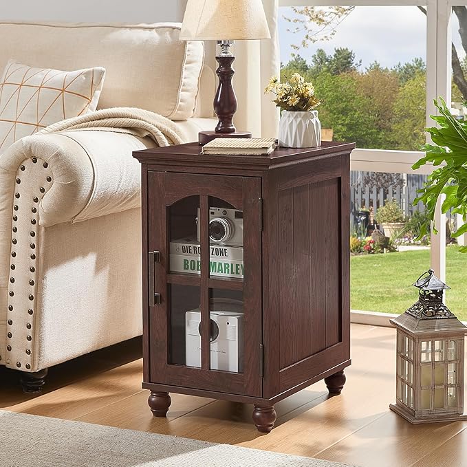 Narrow Side Table,Farmhouse Nightstand with Charging Station,Wood End Table with Glass Barn Door Storage, Cabinet Organizer with Adjustable Shelf, Night Stand for Small Spaces for Living Room Bedroom