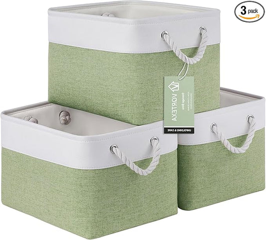 Large Storage Baskets- 15x11x10 inch Storage Bins for Shelves and Closet Organizing, Foldable Fabric Bin for Home Organization Clothes and Laundry (3-Pack, White&Green)