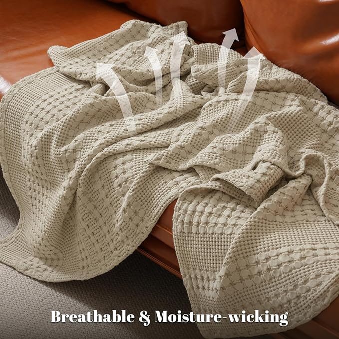 PHF 100% Cotton Waffle Weave Throw Blanket, Soft Lightweight Breathable Cozy Throws for Couch Bed Sofa, 300 GSM Luxury Aesthetic Blanket Gift for Home Decor & Office, 50"x60", Khaki