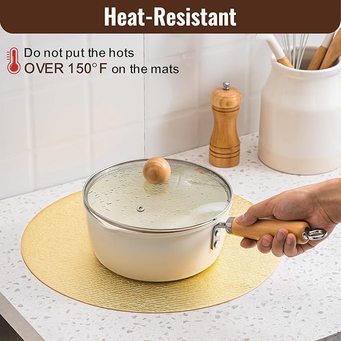 Jovono 15" Faux Leather Big Round Placemats Set of 6 - Washable Heat Resistant Non-Slip Dining Table Mats with Fabric Texture for Kitchen Home Party Wedding Decor, Gold