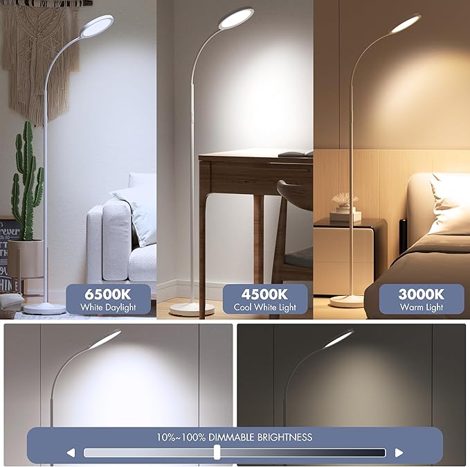 Cream White Floor Lamp,Super Bright Dimmable LED Lamps for Living Room, Custom Color Temperature Standing Lamp with Remote Push Button, Adjustable Gooseneck Reading Floor Lamp for Bedroom Office