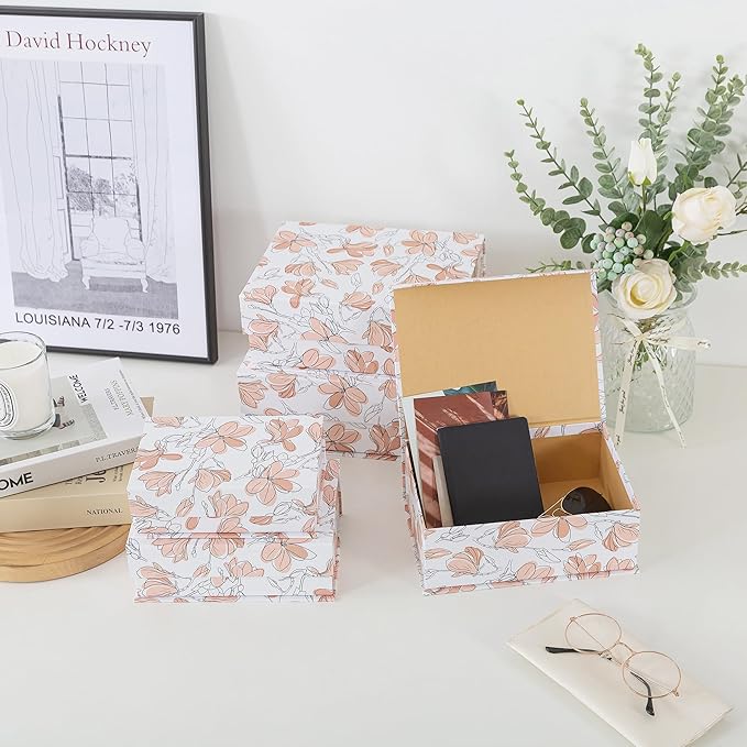 Soul & Lane Decorative Cardboard Storage Boxes with Lids - Set of 5, Floral Nesting Keepsake and Memory Boxes, Organizers with Magnetic Closure for Home Décor and Gifts, Canvas Bloom