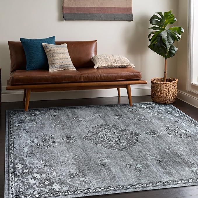 Beverly Rug Non Slip Rugs 6x9 Boho Medallion Floral Non Skid Rubber Backing Easy Silk Soft Area Rug for Living Room Easy to Clean Non Shedding Kitchen Bedroom Indoor Carpet (6 x 9 Gray - Dark Gray)