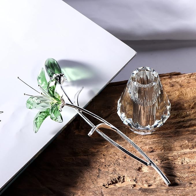 Movdyka Crystal Lily Flower Figurine with Stems, Handmade Collectible Statue for Decoration Mothers Day, Centerpiece, Valentines Day, Bridal Shower Gift Green