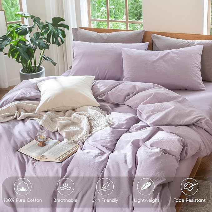 MooMee Bedding Duvet Cover Set 100% Washed Cotton Linen Like Textured Breathable Durable Soft Comfy (Heathered Light Purple, Twin 68"x90")