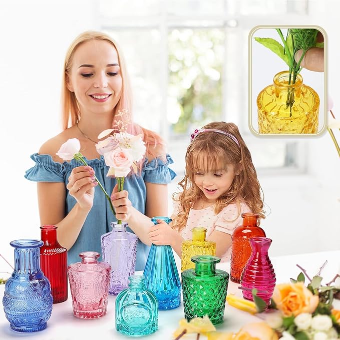 Inbagi 20 Pcs Glass Bud Vase Set - Colored Flower Vases Bulk, Vintage Embossed Decorative Bottles for Wedding Valentine Home Table Centerpieces Decor