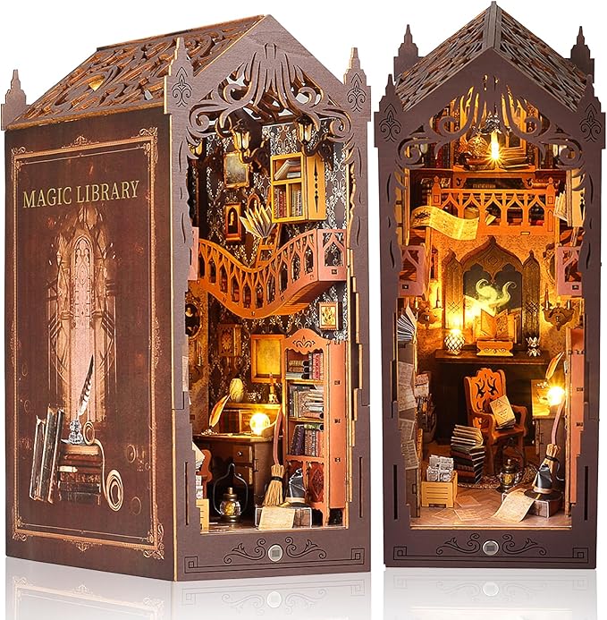 suruim DIY Book Nook Kit Bookend Puzzle Miniature Nook Library Bookshelf Insert Bookends Decoration Books Ornaments Gifts for Adults(Magic House-2)