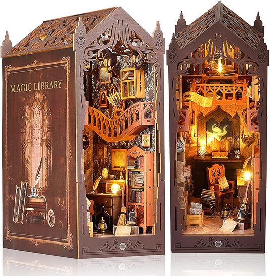 suruim DIY Book Nook Kit Bookend Puzzle Miniature Nook Library Bookshelf Insert Bookends Decoration Books Ornaments Gifts for Adults(Magic House-2)