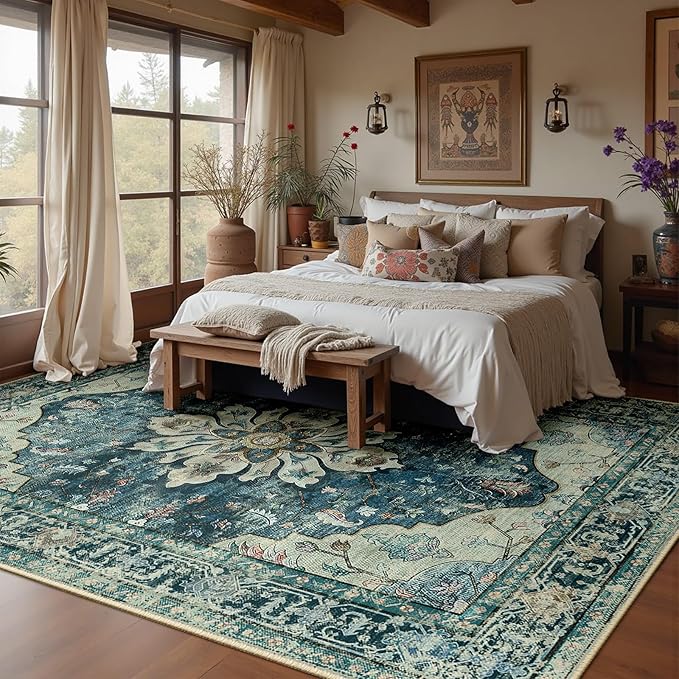 RELEANY Area Rugs 6'x9' Washable Non-Slip, Floral Vintage Distress Print Pattern Medallion Carpet for Living Room Bedroom Dining Room, Dark Blue Vintage