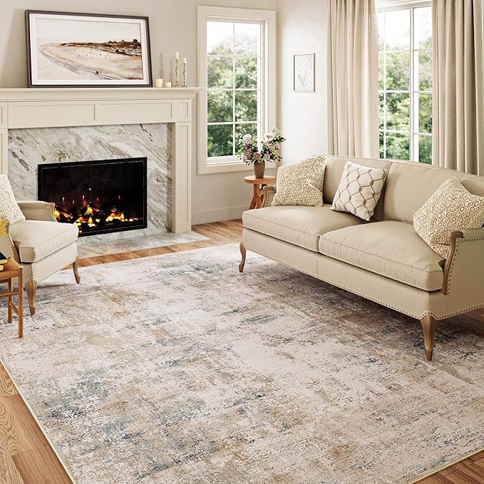 WondRg 5x7 Washable Area Rug Beige Blue Abstract Living Room Bedroom Throw Rug Neutral Modern Non Slip Soft Low Pile Carpet for Kitchen Dining Room Office Entryway