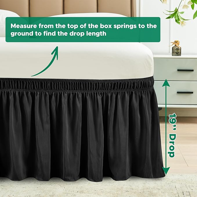 Biscaynebay Wrap Around Bed Skirts for Queen Beds 19" Long Drop, Black Adjustable Elastic Dust Ruffles Easy Fit Wrinkle & Fade Resistant Silky Luxurious Fabric Solid Machine Washable