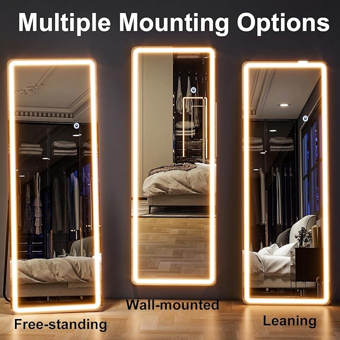 HARRITPURE LED Full Length Mirror - 60" x 16" LED Full Body Mirrors with Stand, Floor Standing Mirror with Lights for Bedroom/Cloakroom -Dimmable & 3 Color Lighting/Wall Mounted