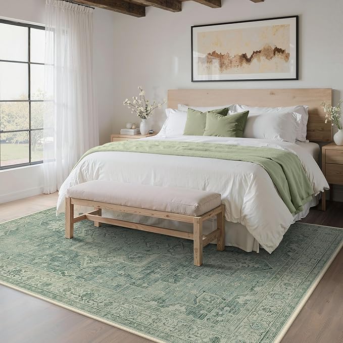 BESBLEE 5x7 Area Rugs for Living Room, Machine Washable Rug, Non Slip Vintage Rugs, Low Pile Lightweight Print Rug for Bedroom, Dining Room, Home Office, Green