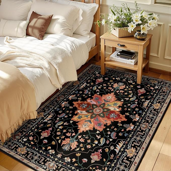 RELEANY Area Rugs 3'x5' Washable Non-Slip, Floral Vintage Distress Print Pattern Medallion Carpet for Living Room Bedroom Dining Room, Black Colorful Floral Dark Tan
