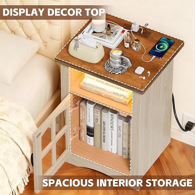 JUMMICO End Table with Charging Station and LED Open Shelf & Glass Door Cabinet, Farmhouse Nightstand with 20W Fast Charge, Side Table for Living Room (1,Light Oak & Brown)