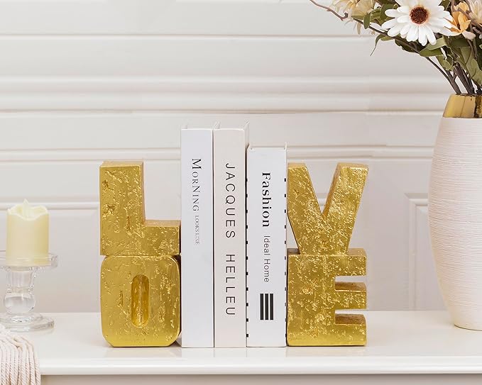 Book Ends Decorative Love Design,Modern Heavy Duty Gold Bookends for Shelves,Resin Book Holders, Book Stoppers for Home Desk Decoration, Unique Love Sculpture Bookends,Gifts for Christmas's Day