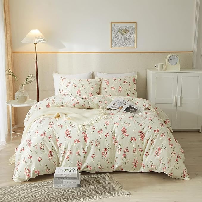 Boho Floral Duvet Cover Twin Soft Cotton Pink Floral Bedding Set Twin Chic Garden Style Cute Flower Pattern Duvet Cover Vintage Floral Botanical Comforter Cover 1 Twin Duvet Cover with 2 Pillowcases