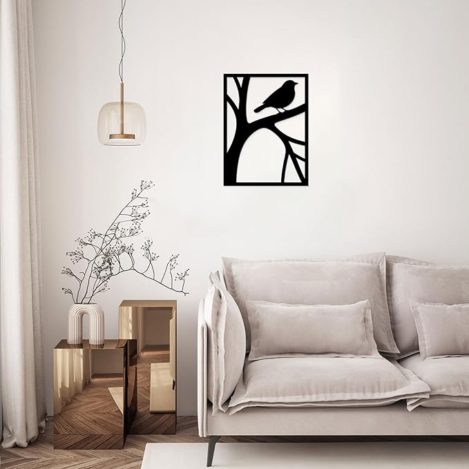 GlintHome Black Metal Abstract Wall Art Bird on Tree Branch Silhouette Bird Art Decor for Living Room Garden Bedroom Office Home Wall Decor