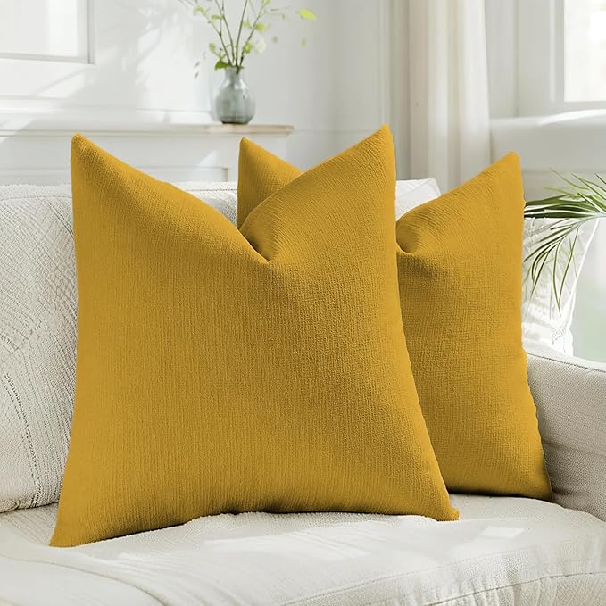 HAUSSY Mustard Yellow Throw Pillow Covers 16x16 Inch Set of 2,Boho Decorative Faux Linen Throw Pillows Cozy Farmhouse Accent Cushion Covers,Home Decor for Couch Sofa Bed Living Room