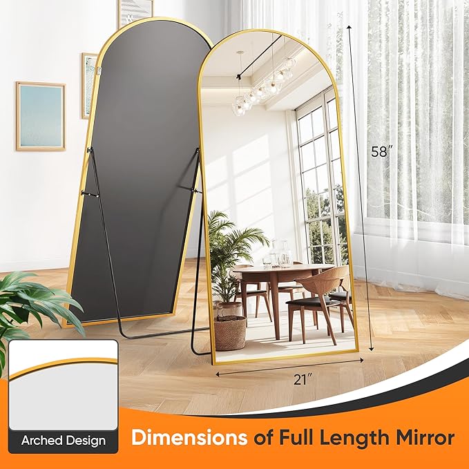 Suidia Full Length Mirror, 58"x21" Floor Standing Mirror Freestanding, Full Body Mirrors with Stand for Bedroom, Hanging Mounted for Living Room Cloakroom, Gold, Arched Style