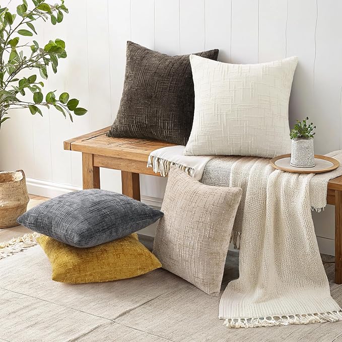 decorUhome Spring Dark Brown Chenille Throw Pillow Covers 18x18 Set of 2 Textured Slubby Couch Pillow Covers Farmhouse Accent Modern Neutral Decorative Pillow Cases for Bed Sofa Living Room