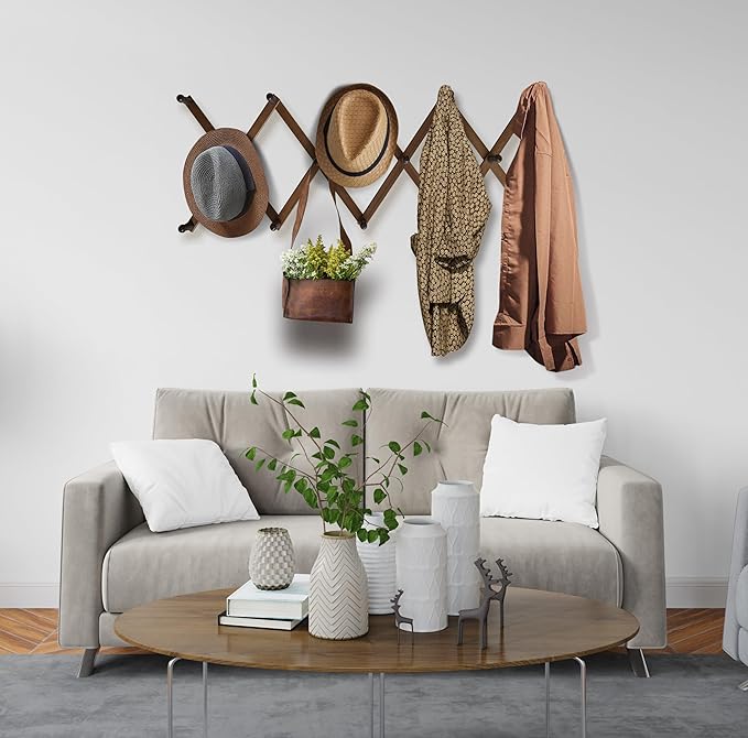 Expandable Wooden Coat Rack Hanger – Accordion Wall Mounted Pine Wood Hooks – Hand Made Vintage Expending Pegs – Hang Coat, Jacket, Hat, Leash, Towel, Mug, Bag – 14 Hook Dark Walnut