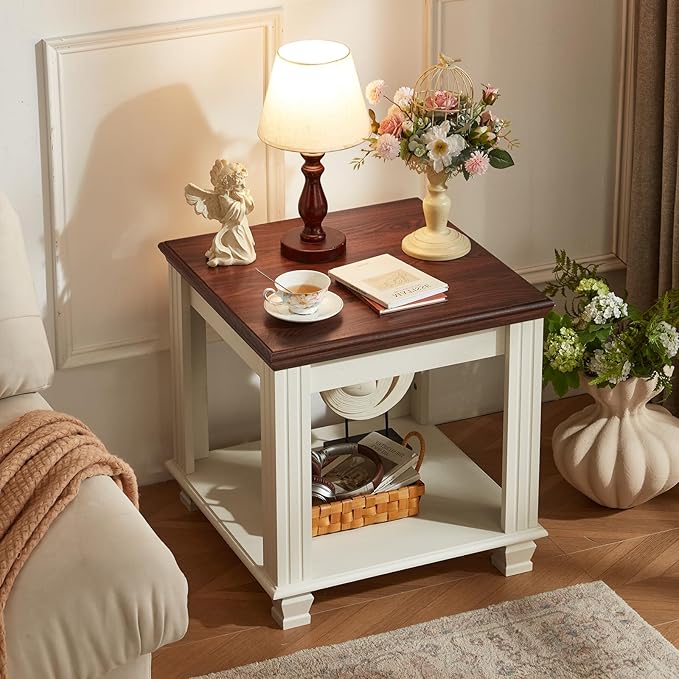 Farmhouse End Table with 2-Tier Storage Shelf, Large Square Side Table with 4 Solid Wood Square Legs, Small Coffee Table for Living Room, White