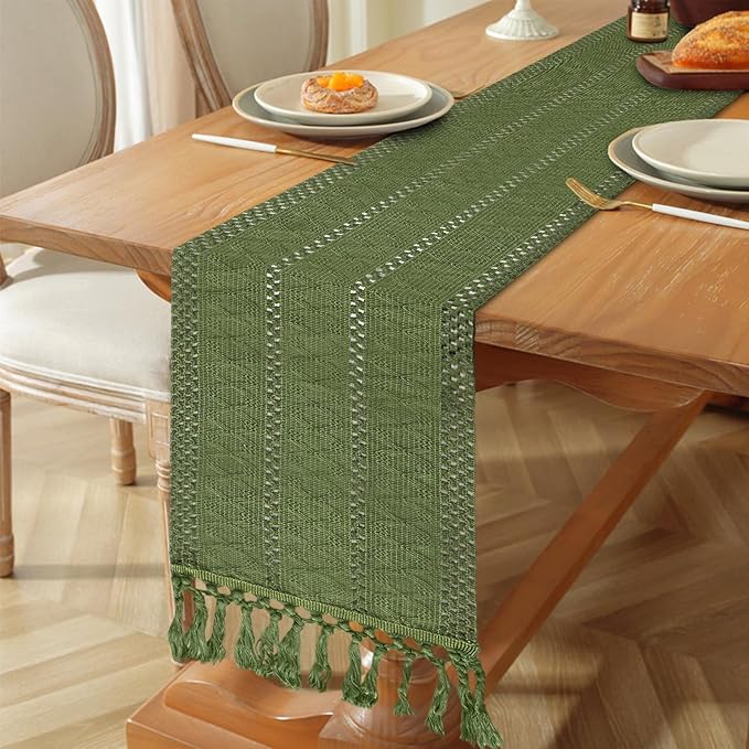 Niviy Sage Green Boho Table Runner for Home Decor 72 Inches Long with Tassels, Rustic Macrame Cotton Linen Woven Coffee Table Runners for Bohemian Dining Table Decoration, Green