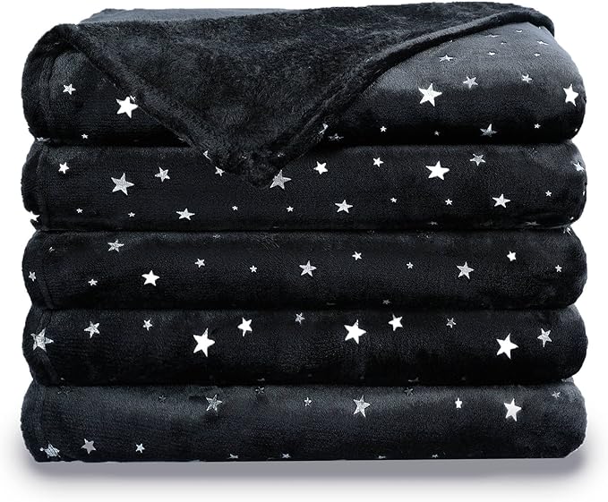 NANPIPER Fleece Blankets Cozy Microfiber King Size Blanket,Super Soft Star Foil Print,90"x 108" Black