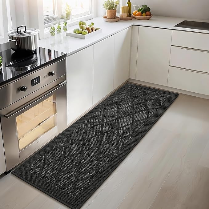 COSY HOMEER Kitchen Rug Non Slip Washable, 20"x48" Absorbent Kitchen Mats for Floor, Runner Rugs for Kitchen Floor, 100% Polypropylene Kitchen Sink Rug (Dark Grey)