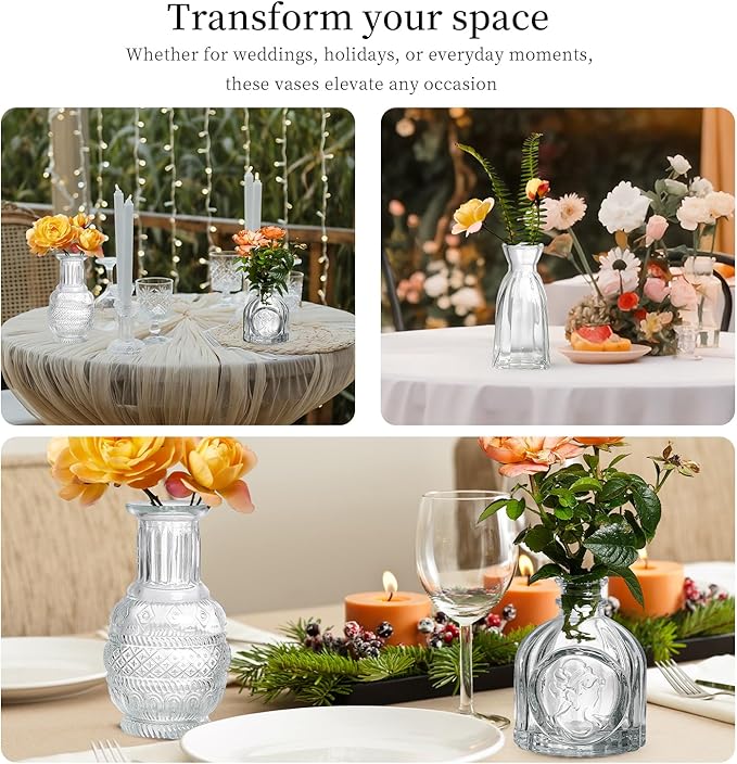 Glass Bud Vases Set of 32 - Assorted Small Mini Glass Vases for Flowers, Crystal Vintage Vase Set, Bulk Centerpieces for Table Décor, Wedding, Home and Events (Clear, 32 Pcs)