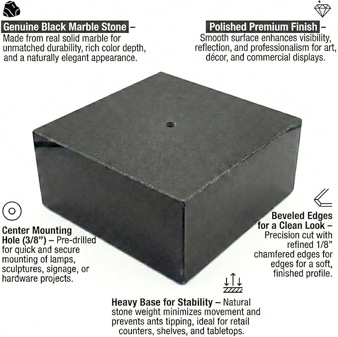 Premium Black Marble Display Base with Center Mount Hole – Polished Stone Pedestal Stand for Sculpture, Statue, Art, Awards, Lamps & Decor (2 3/4x2 3/4x1 1/2")