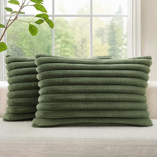 decorUhome Faux Fur Throw Pillow Covers 12x20 Set of 2, Decorative Soft Plush Striped Lumbar Neutral Couch Euro Pillow Covers with Velvet Back for Sofa, Bed, Living Room Home Decor, Olive Green