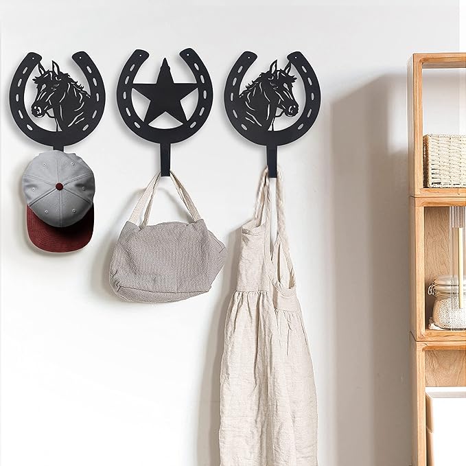 3PCS Horse Star Rustic Ranch Horse Head Hook Coat Hooks, Key Hooks